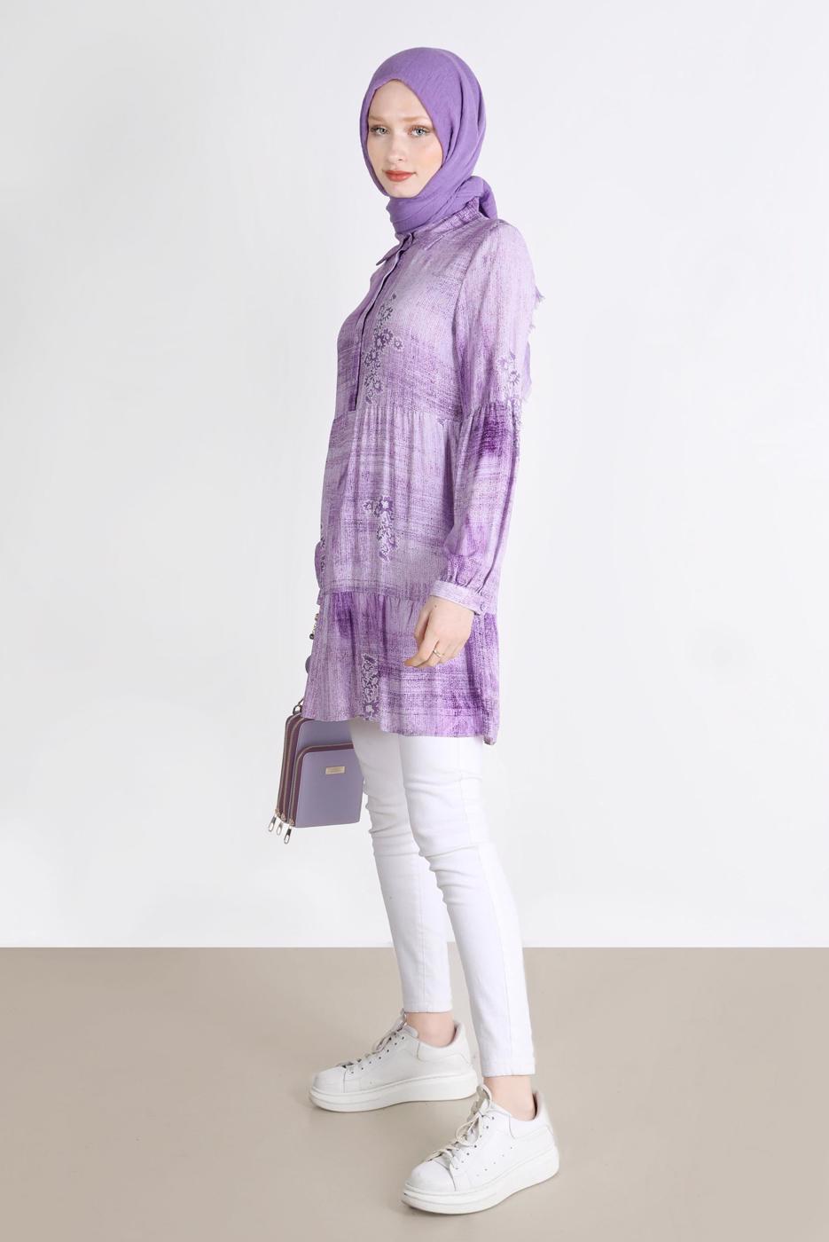 Tesettür giyim MOR ALVİNA BATİK ÇİÇEK DESENLİ TUNİK T 42666