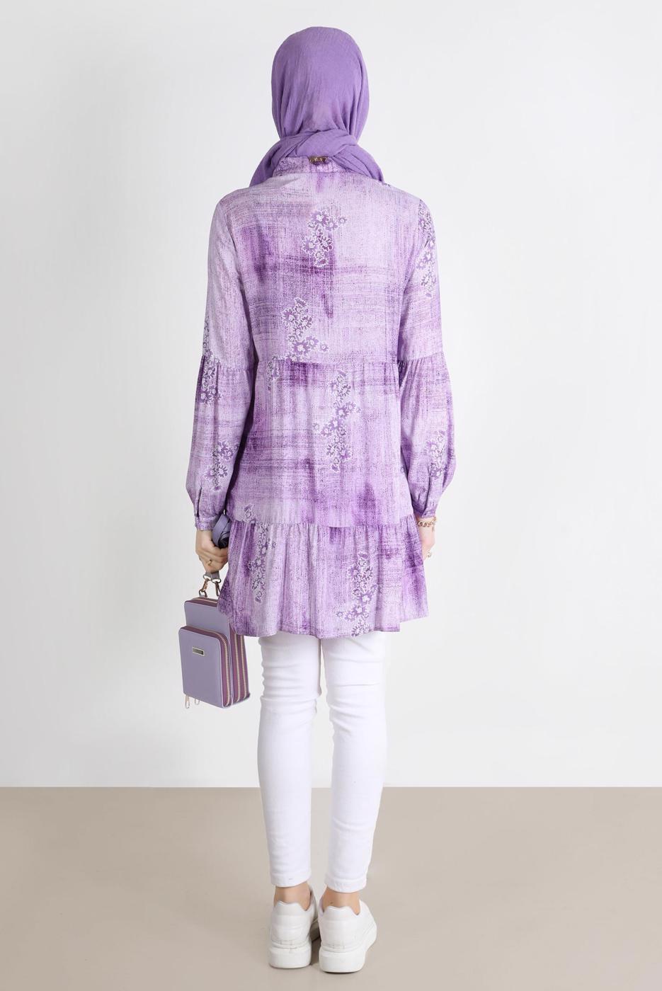 Tesettür giyim MOR ALVİNA BATİK ÇİÇEK DESENLİ TUNİK T 42666