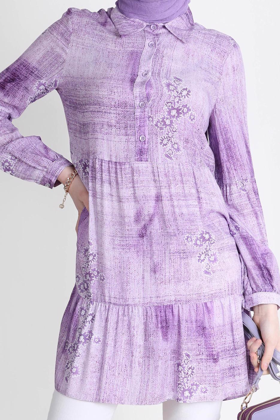 Tesettür giyim MOR ALVİNA BATİK ÇİÇEK DESENLİ TUNİK T 42666