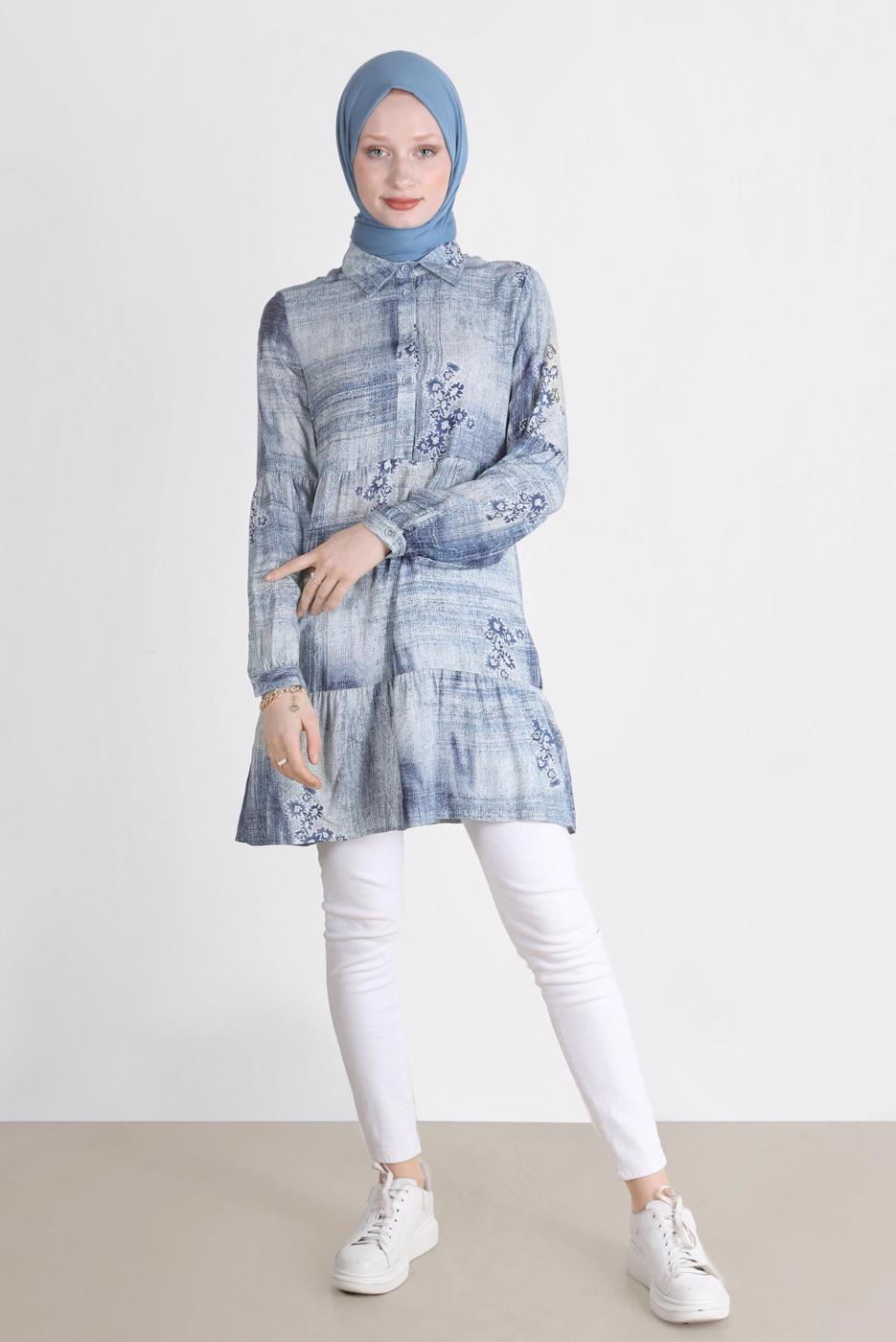 Tesettür giyim LACİVERT ALVİNA BATİK ÇİÇEK DESENLİ TUNİK T 42666