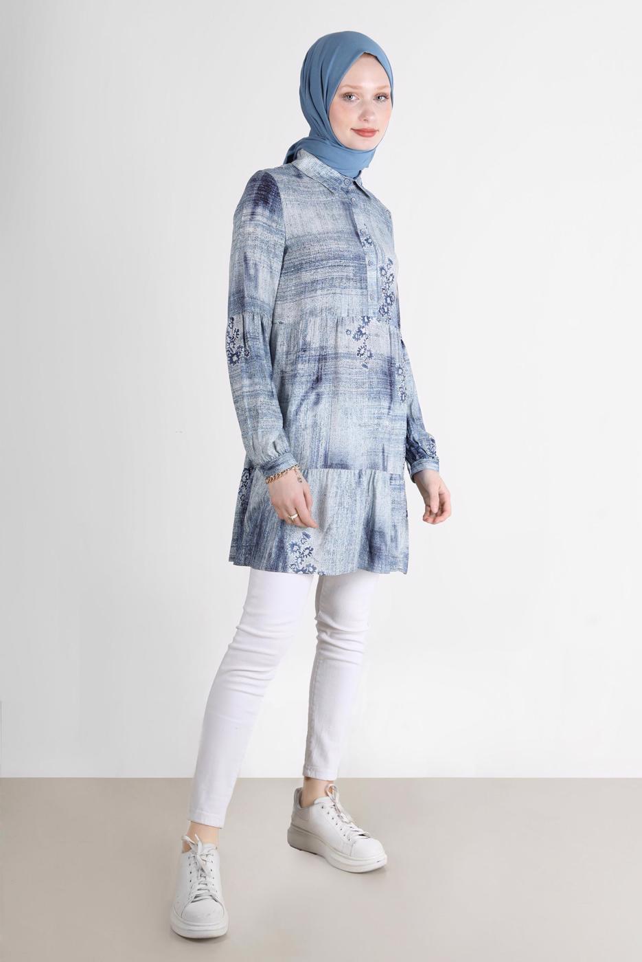 Tesettür giyim LACİVERT ALVİNA BATİK ÇİÇEK DESENLİ TUNİK T 42666