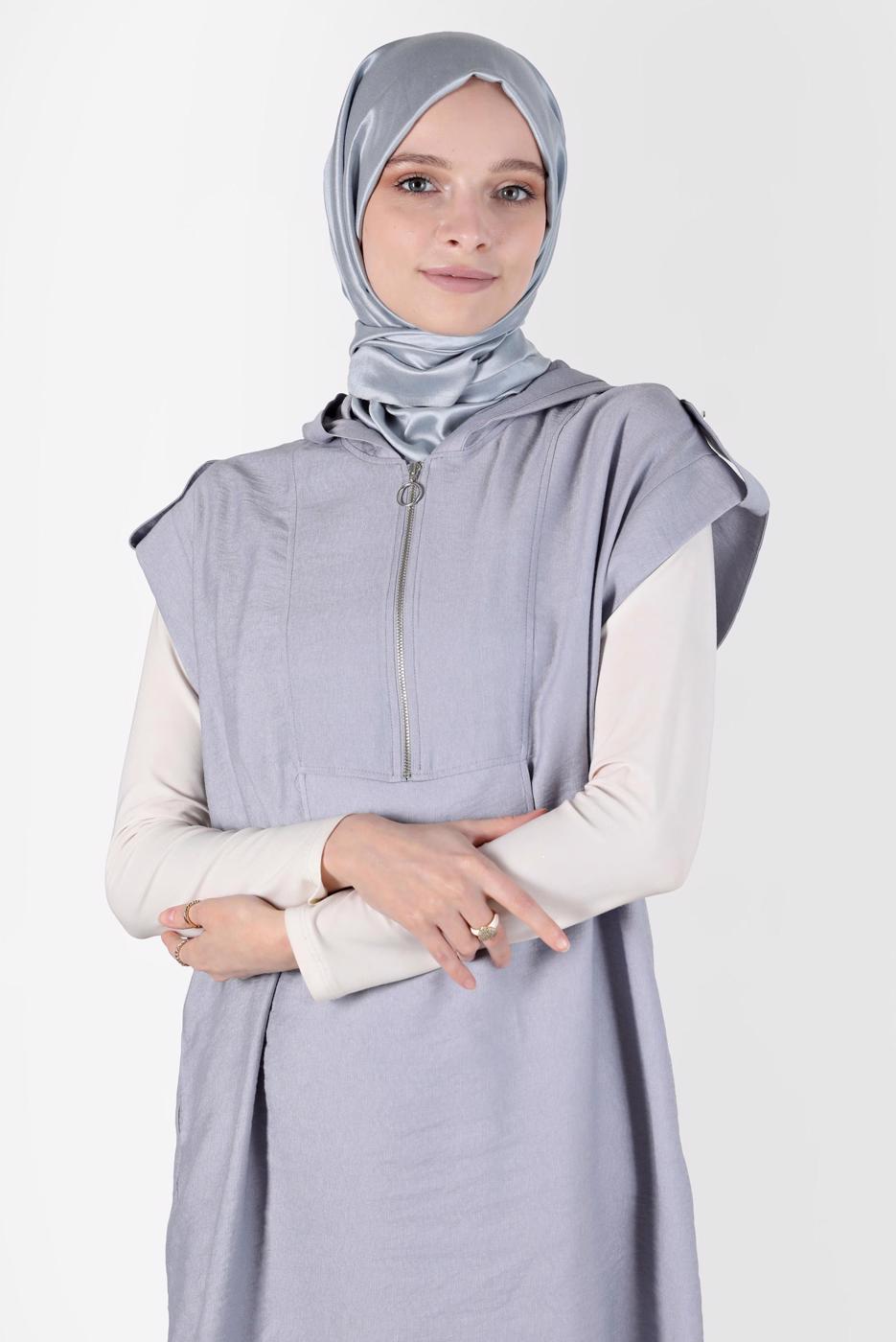 Tesettür giyim GRİ ALVİNA KAPÜŞONLU TUNİK T 42767
