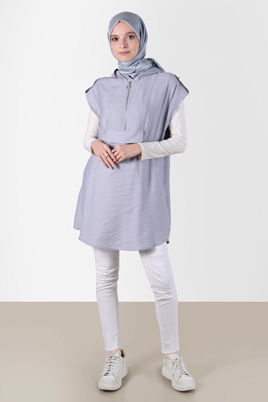 Tesettür giyim GRİ ALVİNA KAPÜŞONLU TUNİK T 42767