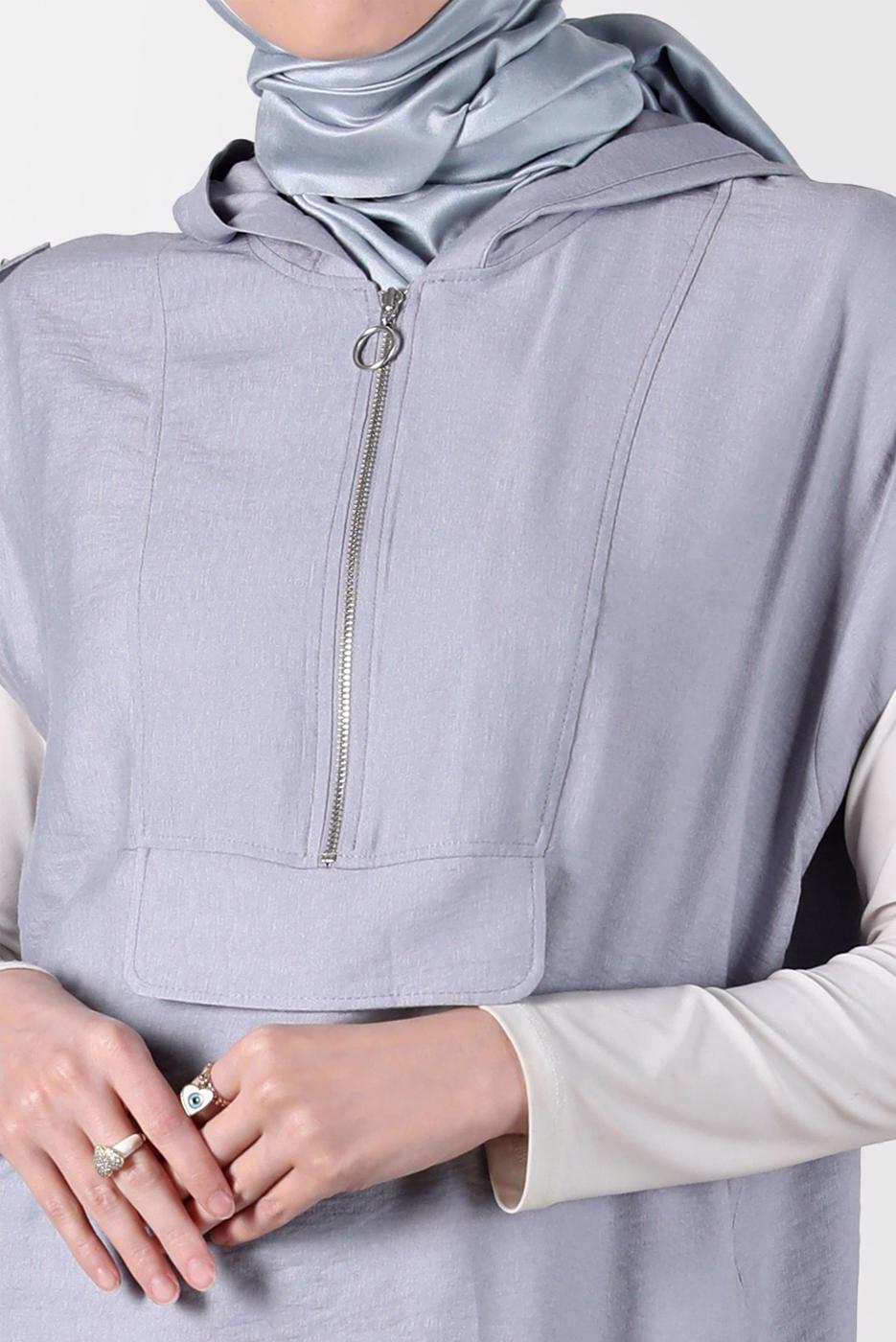 Tesettür giyim GRİ ALVİNA KAPÜŞONLU TUNİK T 42767