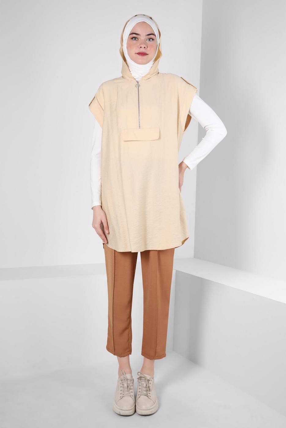 Tesettür giyim BEJ ALVİNA KAPÜŞONLU TUNİK T 42767