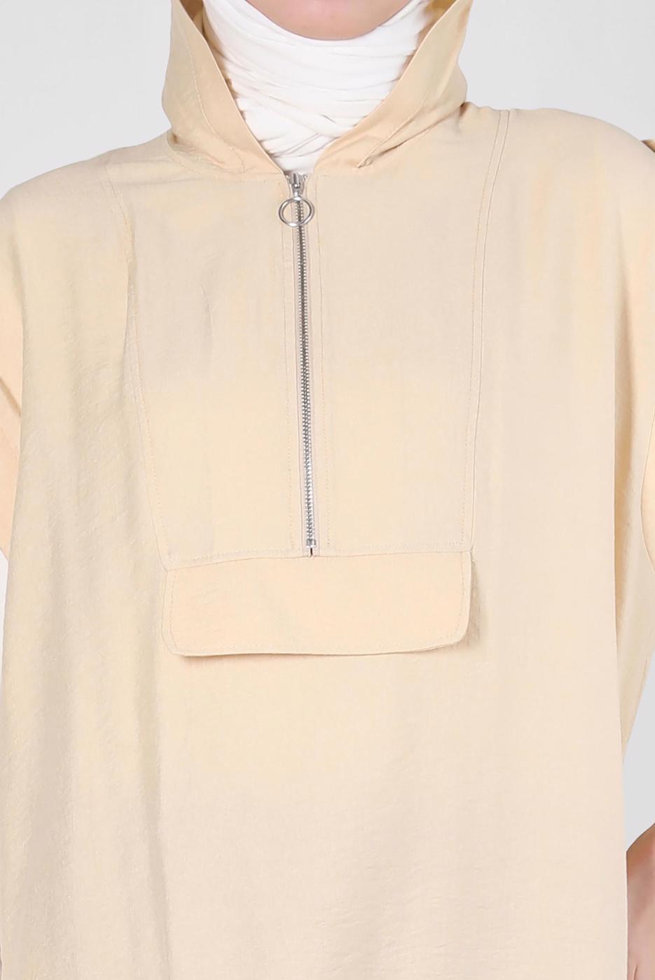 Tesettür giyim BEJ ALVİNA KAPÜŞONLU TUNİK T 42767