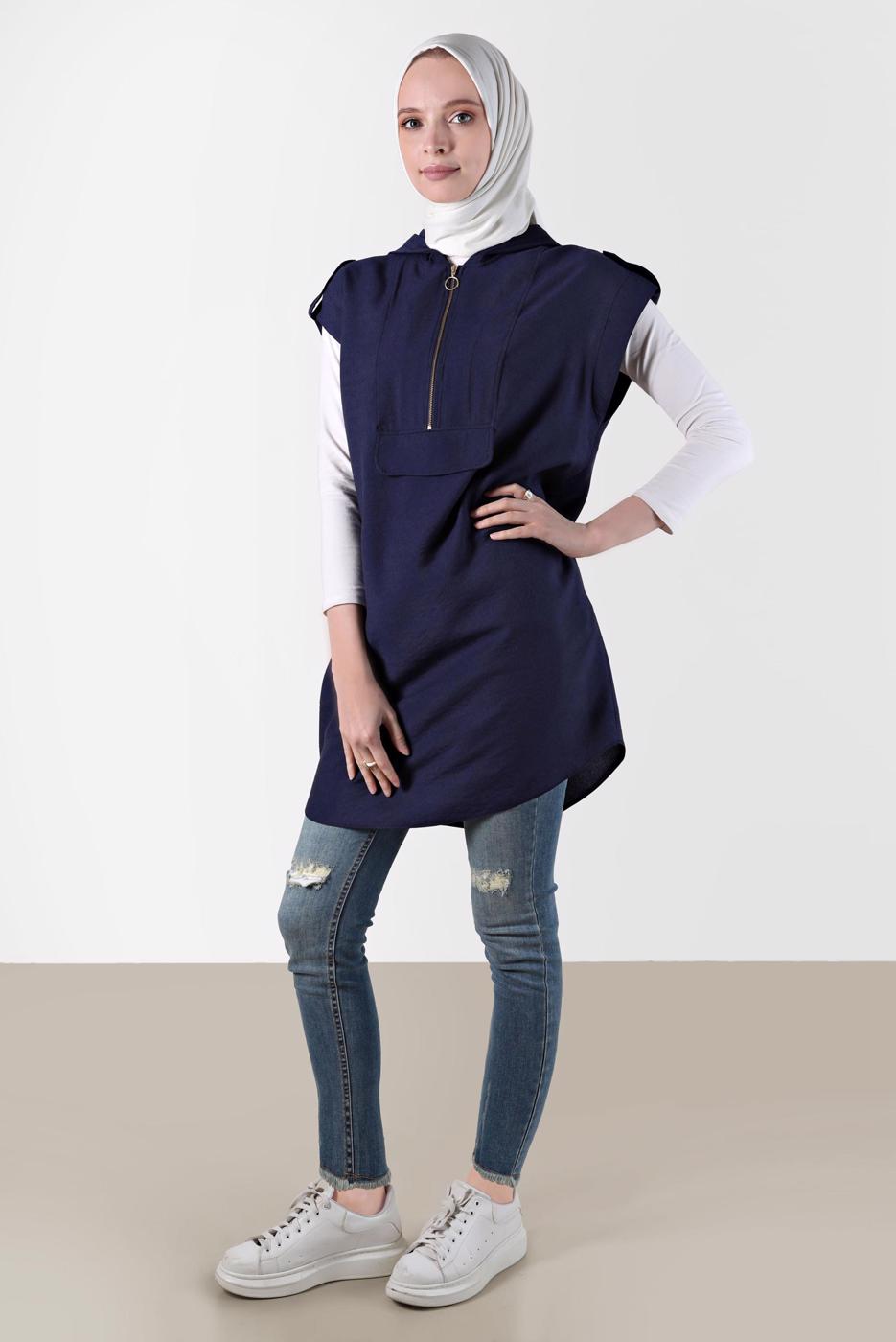 Tesettür giyim LACİVERT ALVİNA KAPÜŞONLU TUNİK T 42767