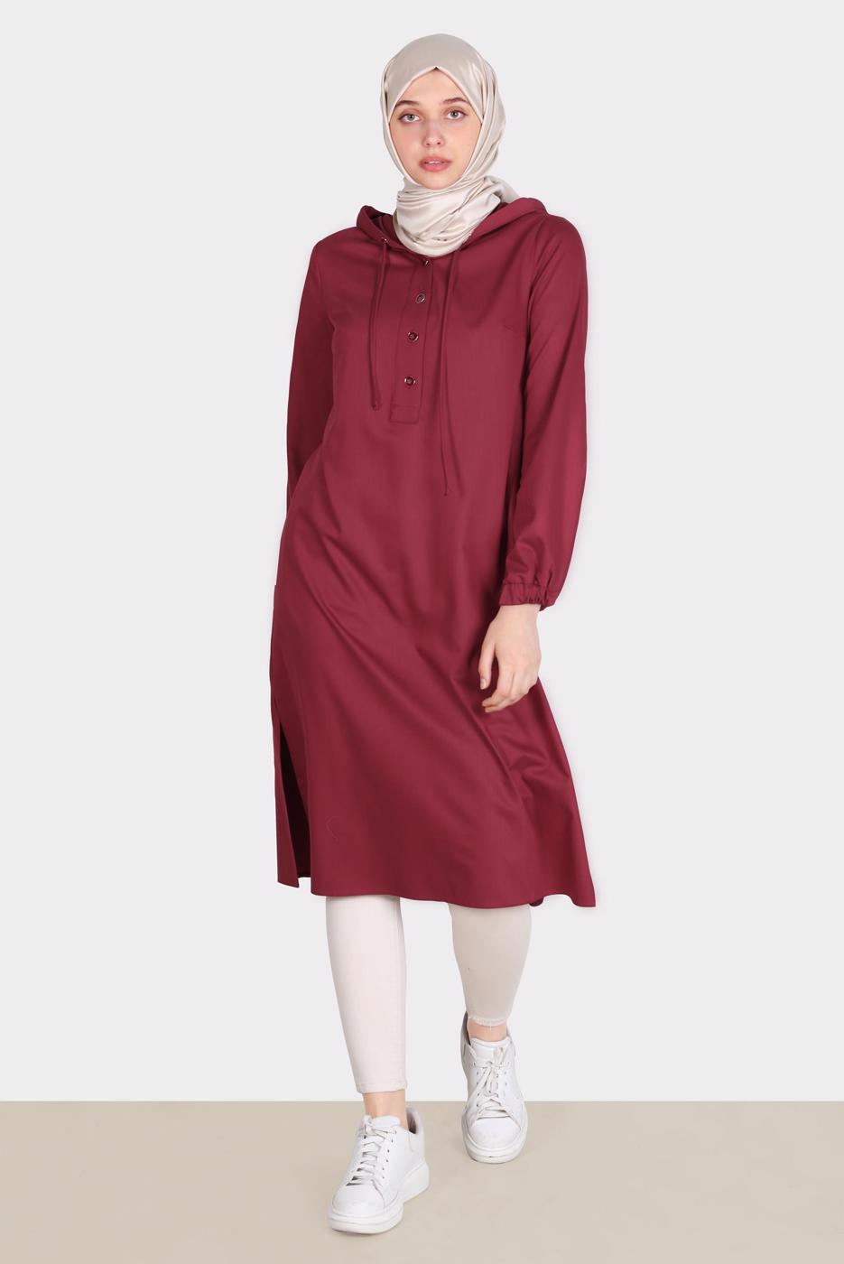 Tesettür giyim BORDO ALVİNA KAPÜŞONLU TUNİK T 42784