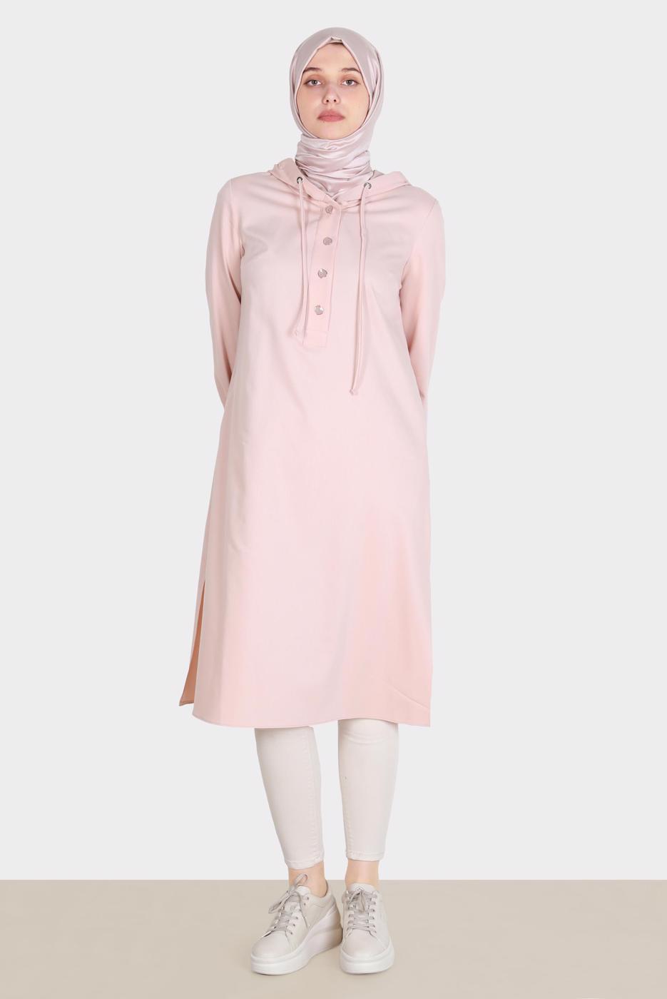 Tesettür giyim PUDRA ALVİNA KAPÜŞONLU TUNİK T 42784