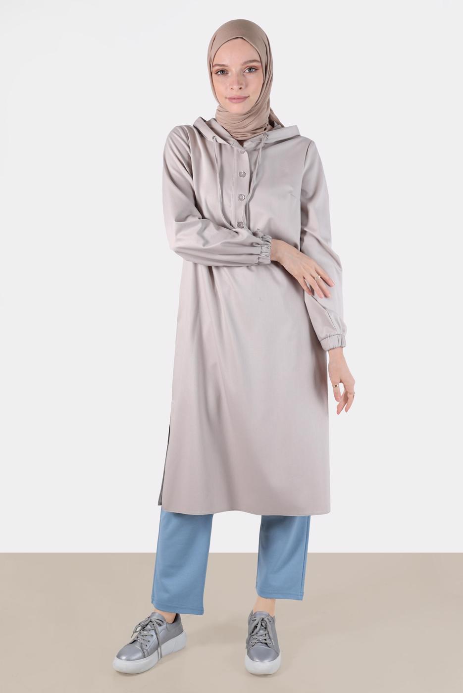 Tesettür giyim BEJ ALVİNA KAPÜŞONLU TUNİK T 42784