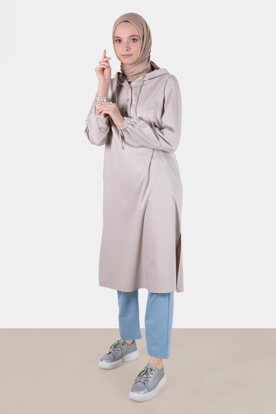 Tesettür giyim BEJ ALVİNA KAPÜŞONLU TUNİK T 42784