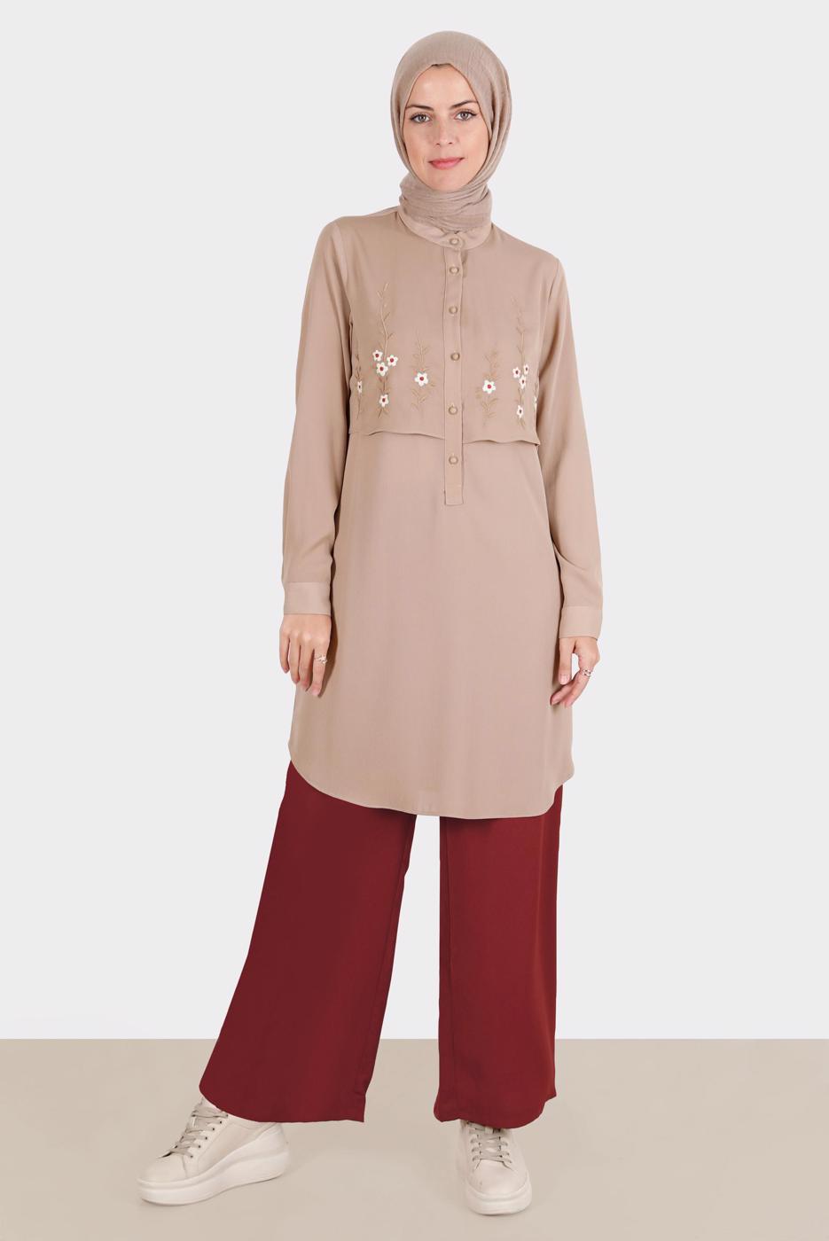 Tesettür giyim VİZON ALVİNA ÇİÇEK NAKIŞLI TUNİK T 42797