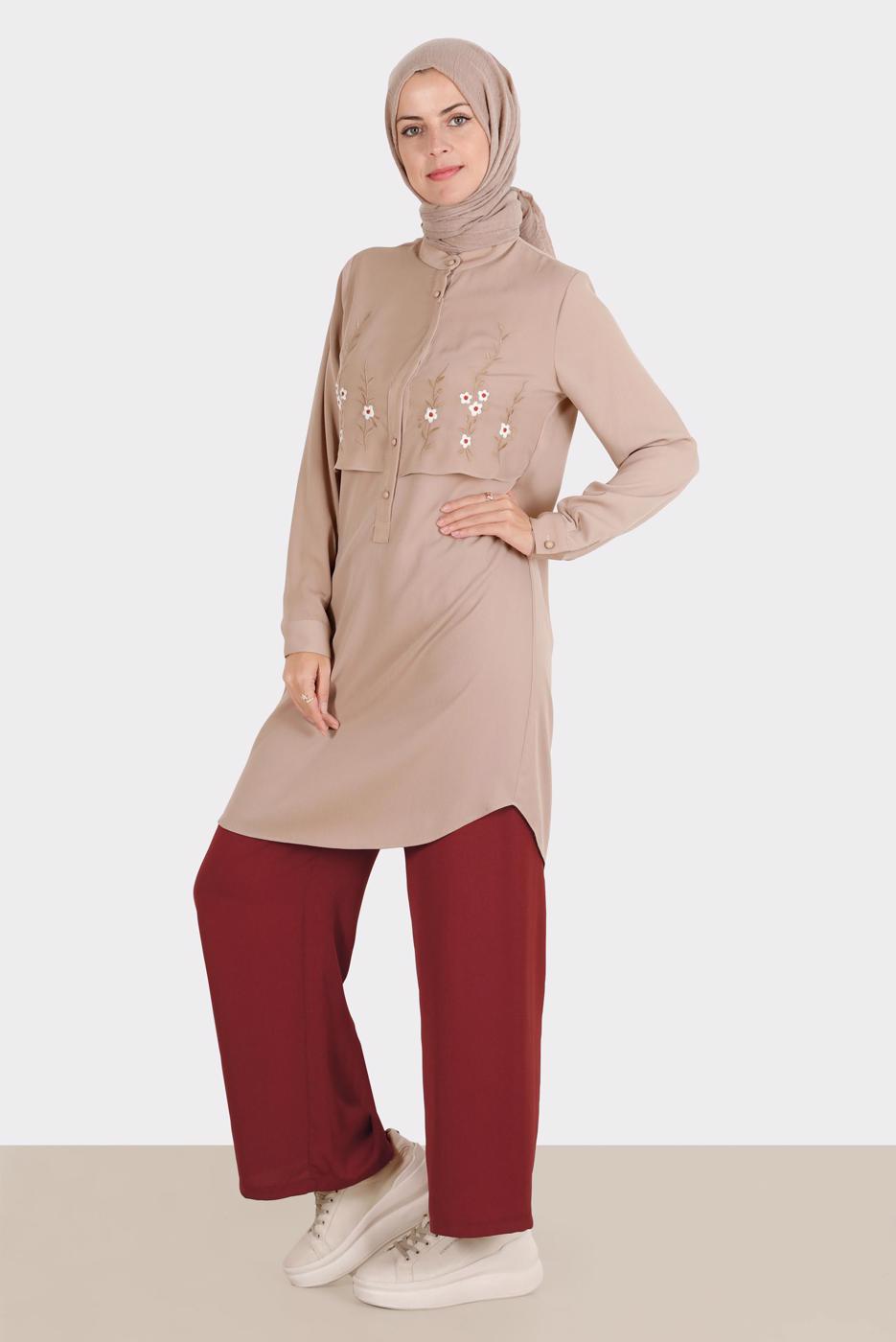 Tesettür giyim VİZON ALVİNA ÇİÇEK NAKIŞLI TUNİK T 42797