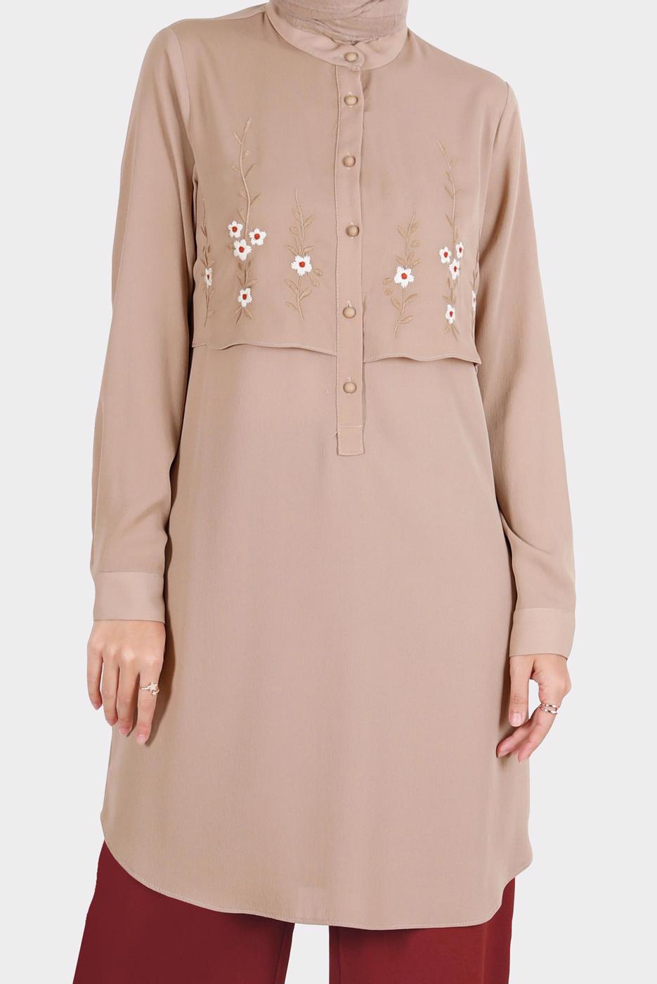 Tesettür giyim VİZON ALVİNA ÇİÇEK NAKIŞLI TUNİK T 42797