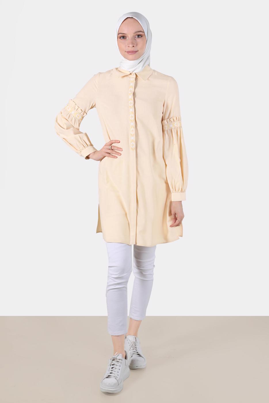 Tesettür giyim BEJ ALVİNA FIRFIR DETAYLI TUNİK T 42824