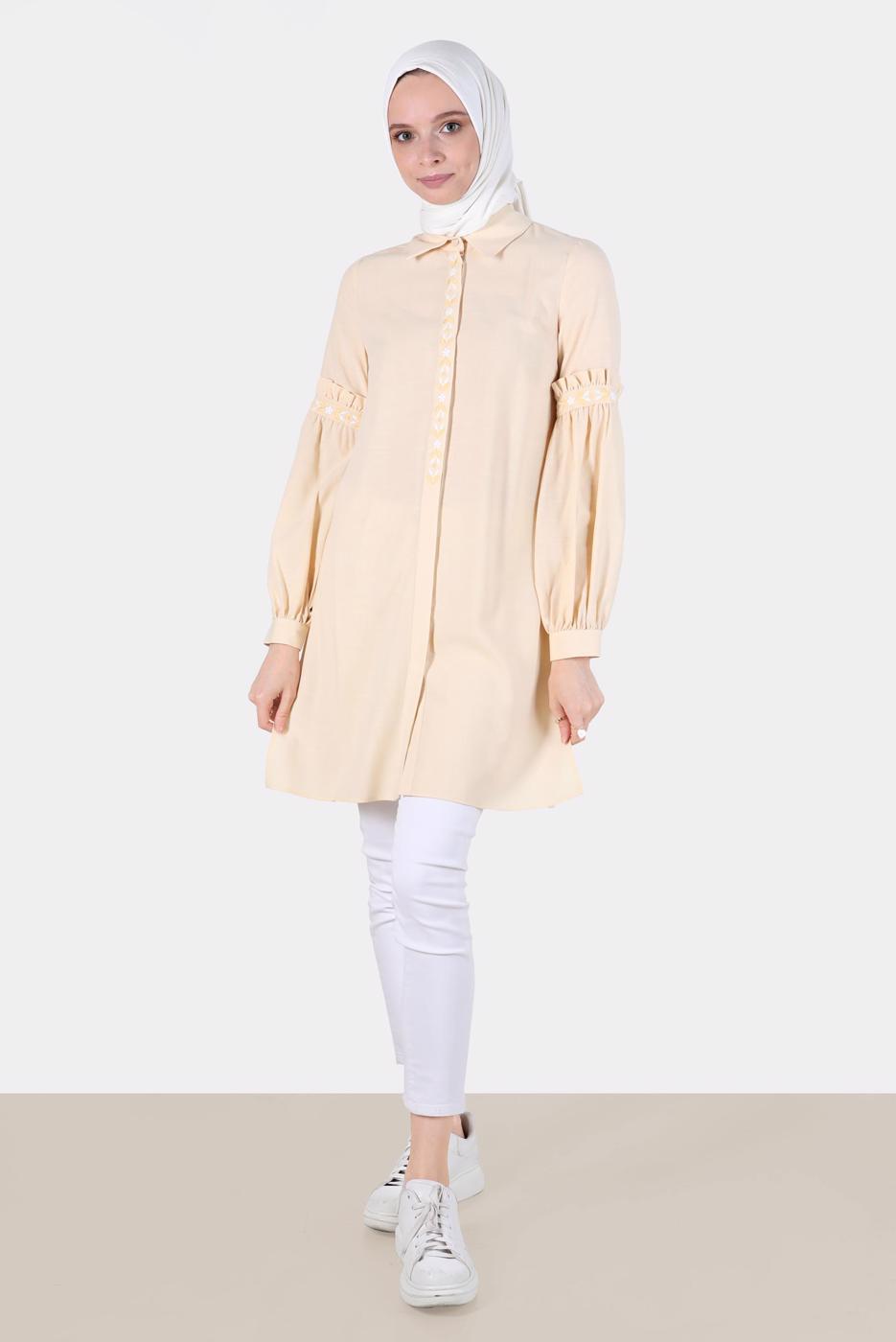 Tesettür giyim BEJ ALVİNA FIRFIR DETAYLI TUNİK T 42824