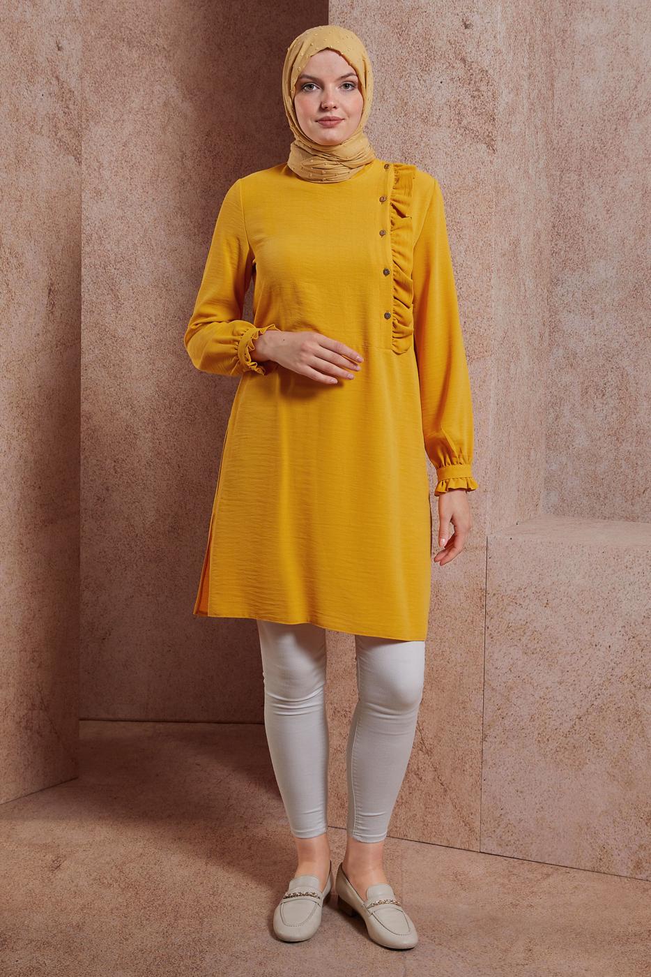 Tesettür giyim SARI ALVİNA FIRFIR DETAYLI DÜĞMELİ TUNİK T 42825