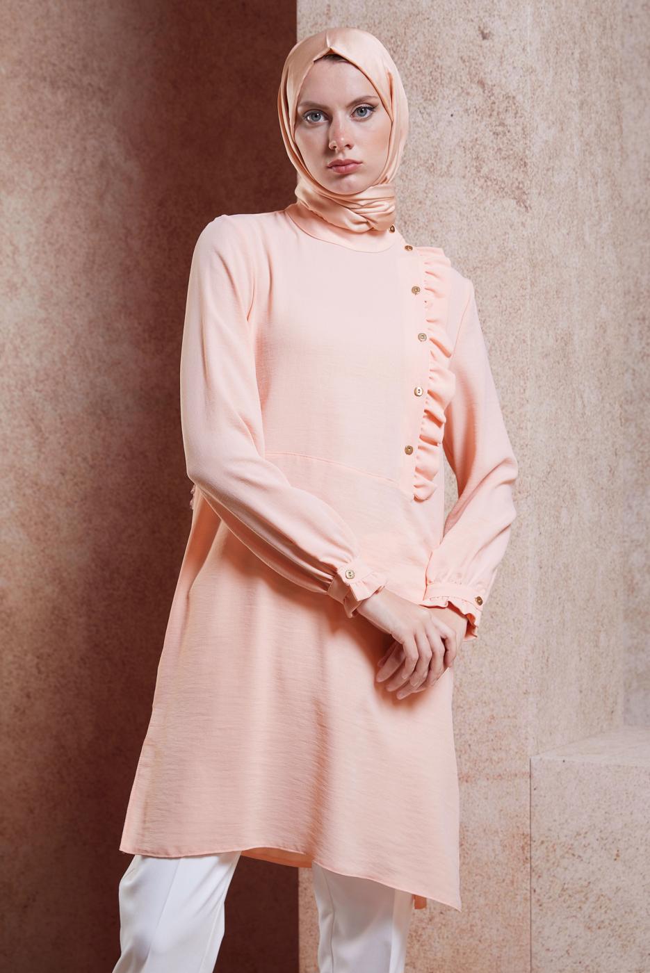 Tesettür giyim PUDRA ALVİNA FIRFIR DETAYLI DÜĞMELİ TUNİK T 42825