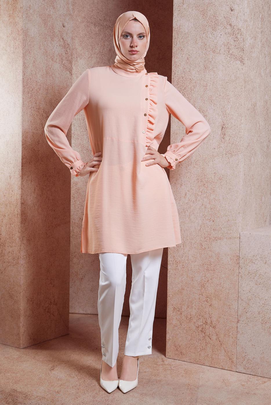 Tesettür giyim PUDRA ALVİNA FIRFIR DETAYLI DÜĞMELİ TUNİK T 42825