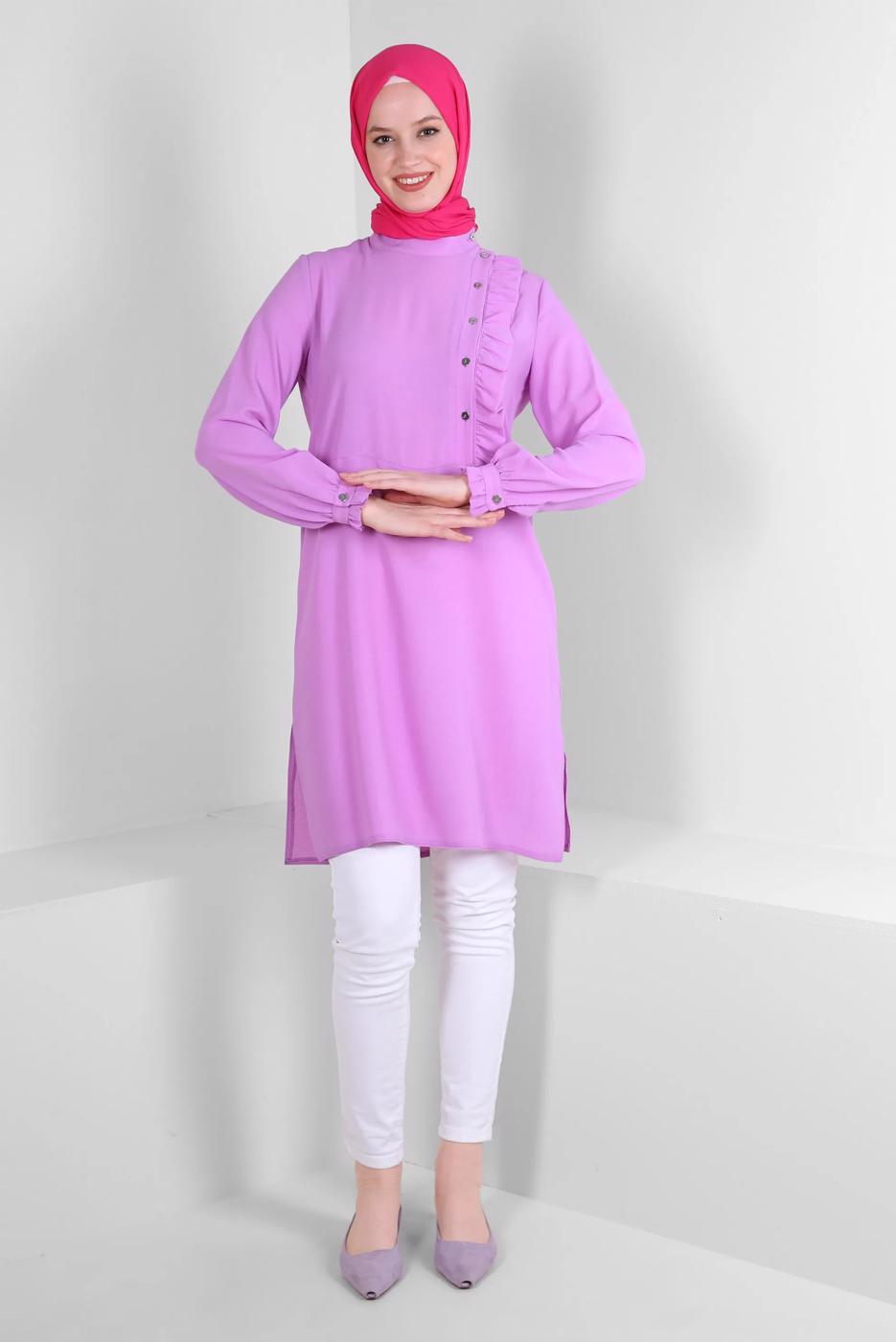 Tesettür giyim MOR ALVİNA FIRFIR DETAYLI DÜĞMELİ TUNİK T 42825