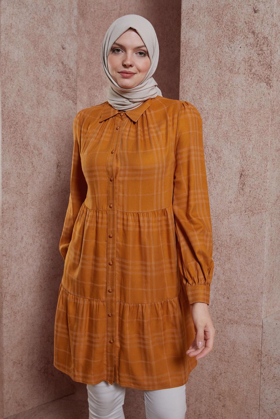 Tesettür giyim TURUNCU ALVİNA EKOSE DESENLİ TUNİK T 42836