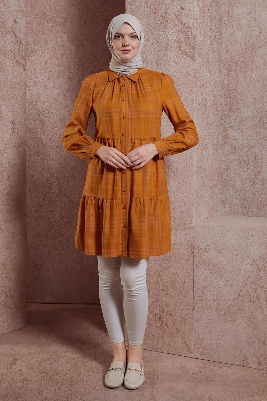 Tesettür giyim TURUNCU ALVİNA EKOSE DESENLİ TUNİK T 42836