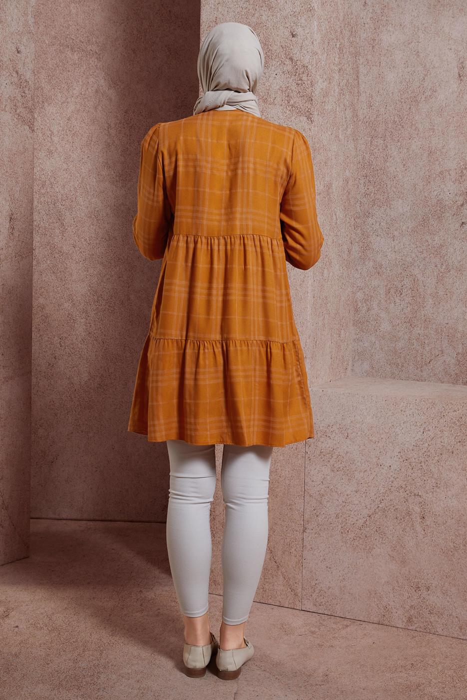 Tesettür giyim TURUNCU ALVİNA EKOSE DESENLİ TUNİK T 42836