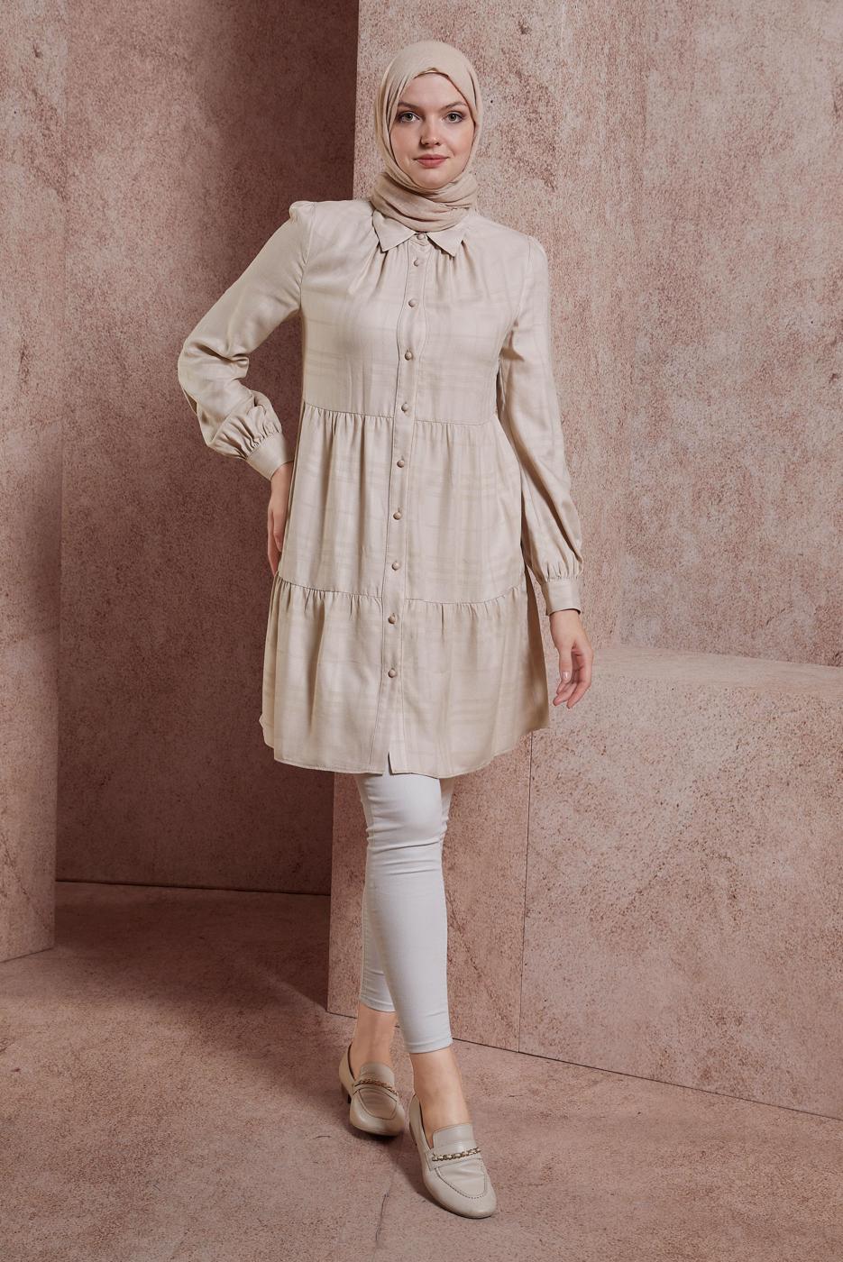 Tesettür giyim BEJ ALVİNA EKOSE DESENLİ TUNİK T 42836