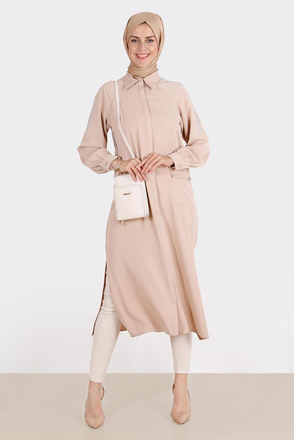 Tesettür giyim BEJ ALVİNA TAŞLI TUNİK T 42866
