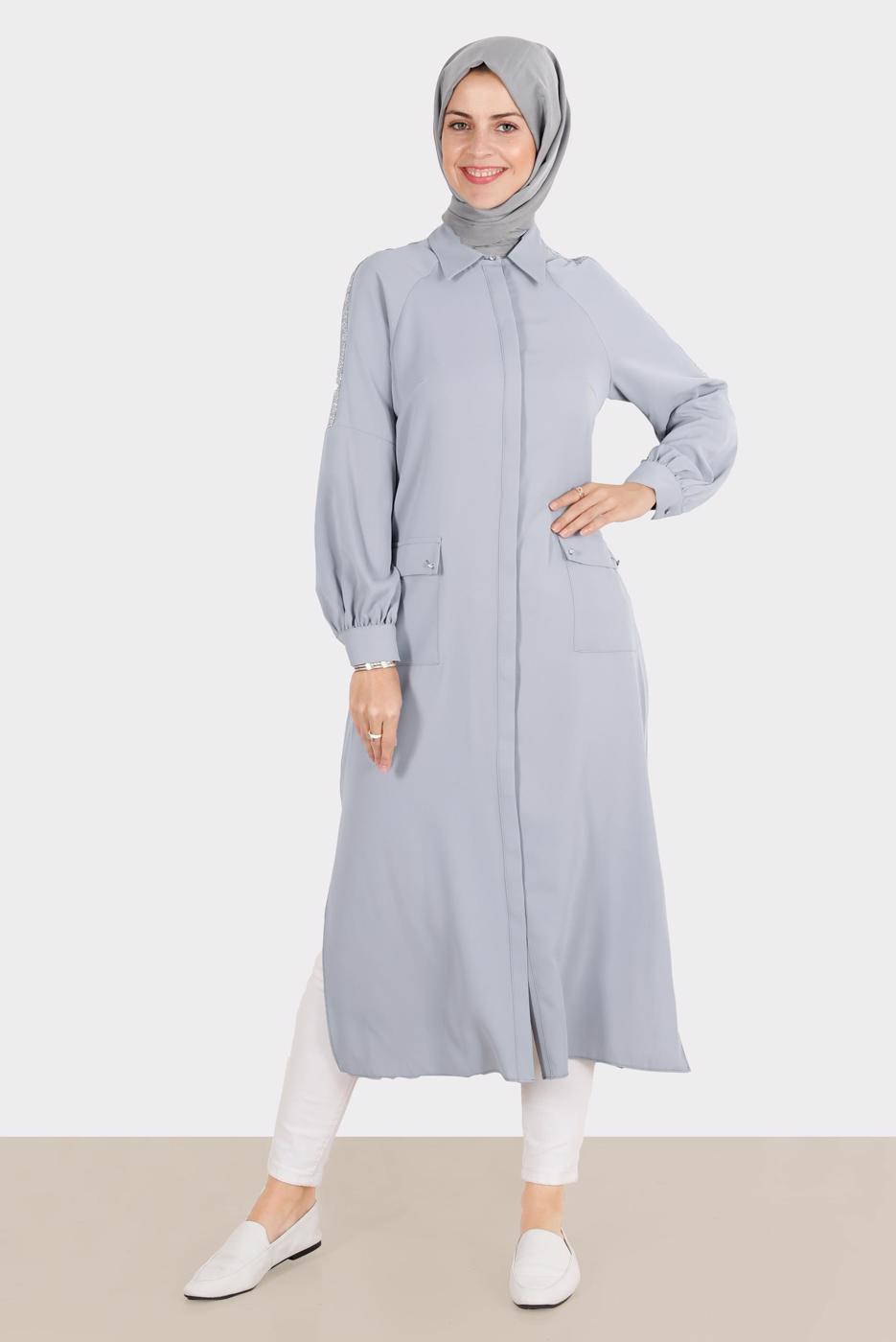 Tesettür giyim GRİ ALVİNA TAŞLI TUNİK T 42866