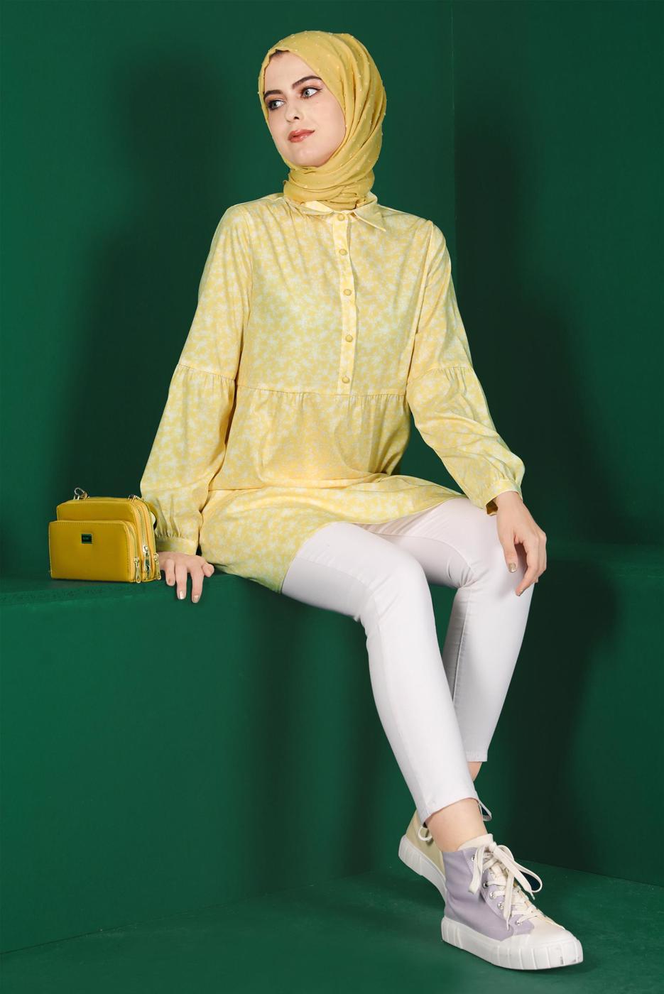 Tesettür giyim SARI ALVİNA ÇİÇEK DESENLİ DÜĞMELİ TUNİK T 42876
