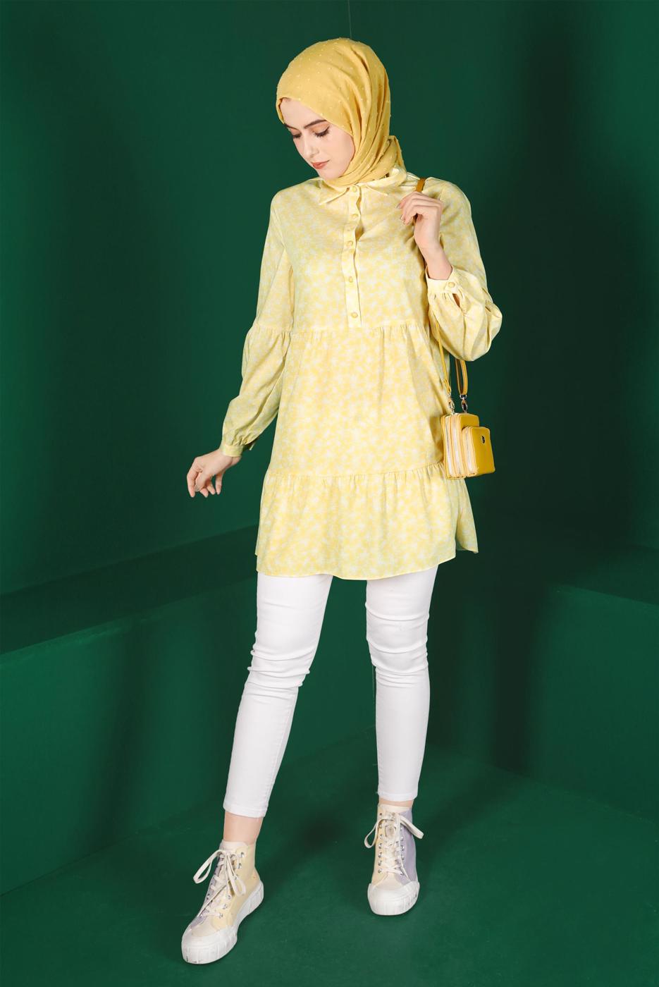Tesettür giyim SARI ALVİNA ÇİÇEK DESENLİ DÜĞMELİ TUNİK T 42876
