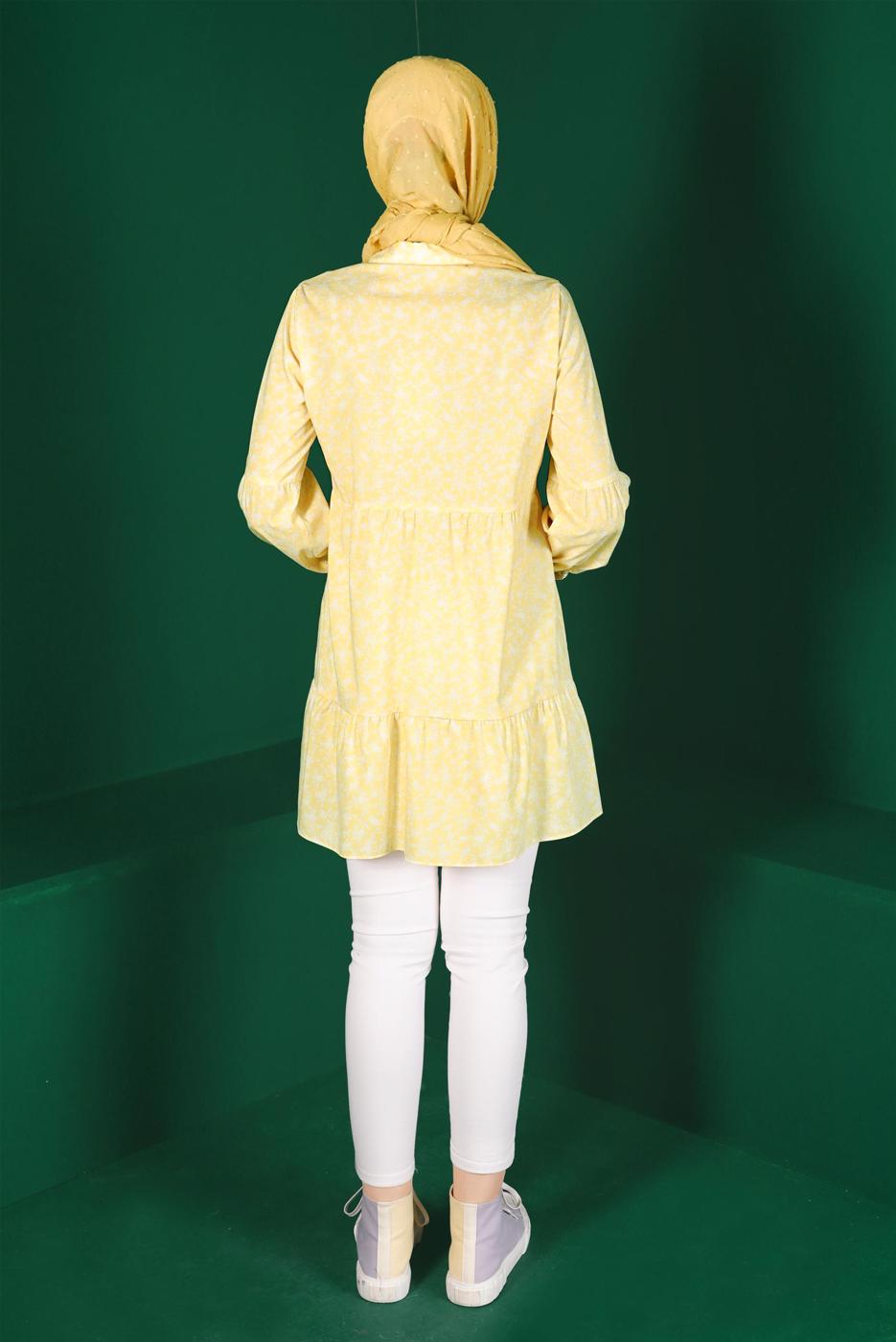 Tesettür giyim SARI ALVİNA ÇİÇEK DESENLİ DÜĞMELİ TUNİK T 42876