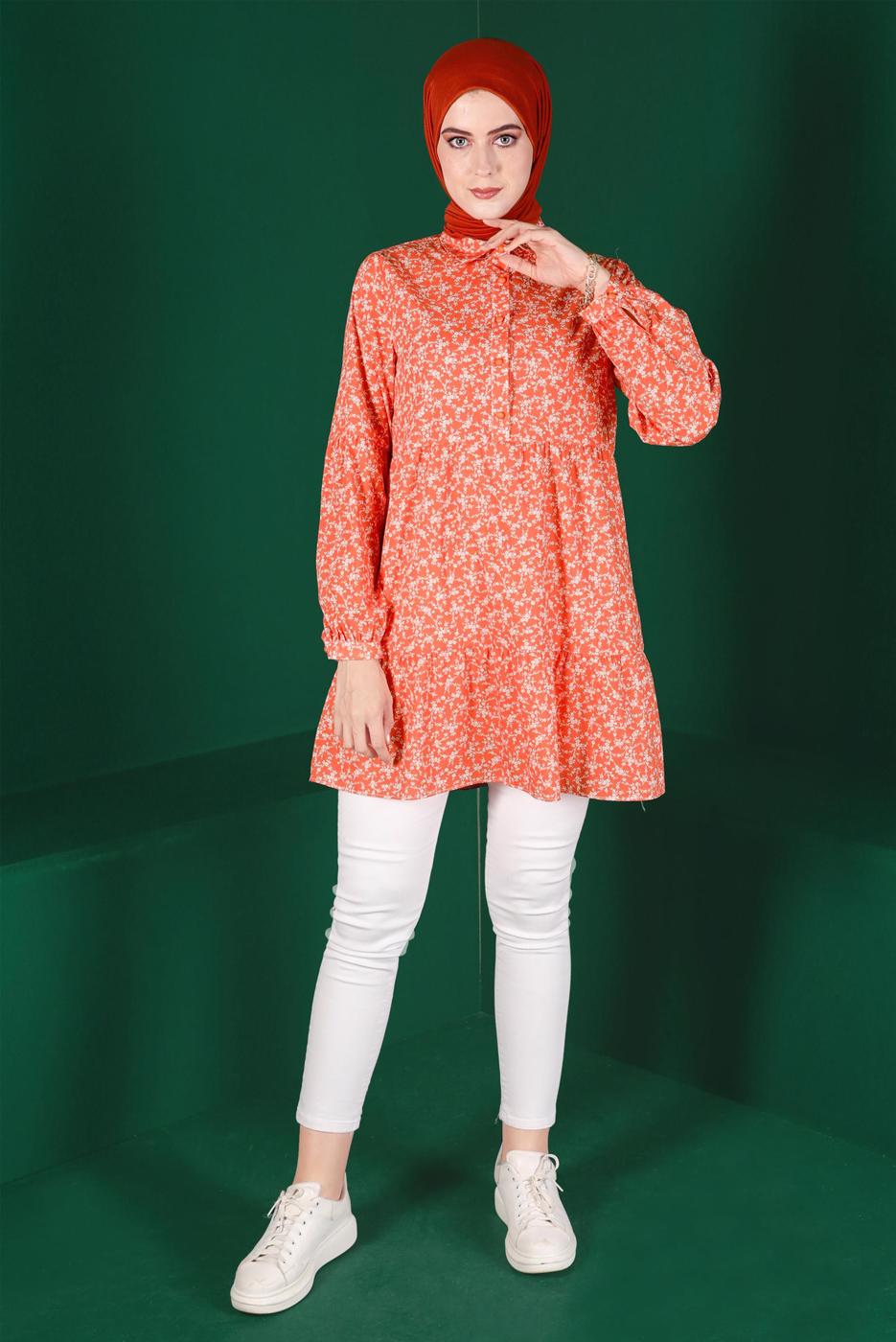Tesettür giyim MERCAN ALVİNA ÇİÇEK DESENLİ DÜĞMELİ TUNİK T 42876