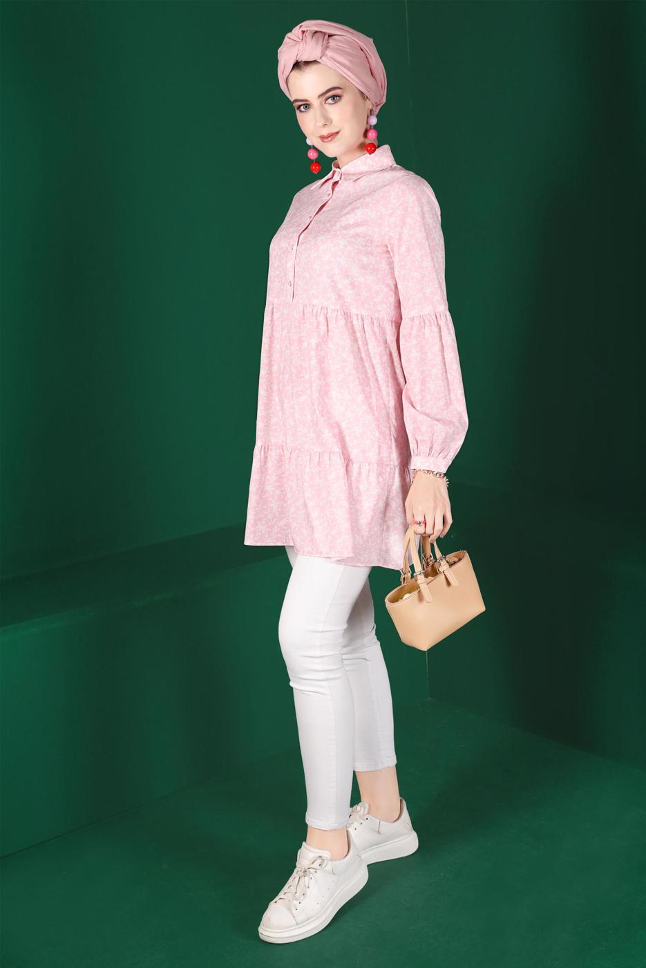 Tesettür giyim PUDRA ALVİNA ÇİÇEK DESENLİ DÜĞMELİ TUNİK T 42876