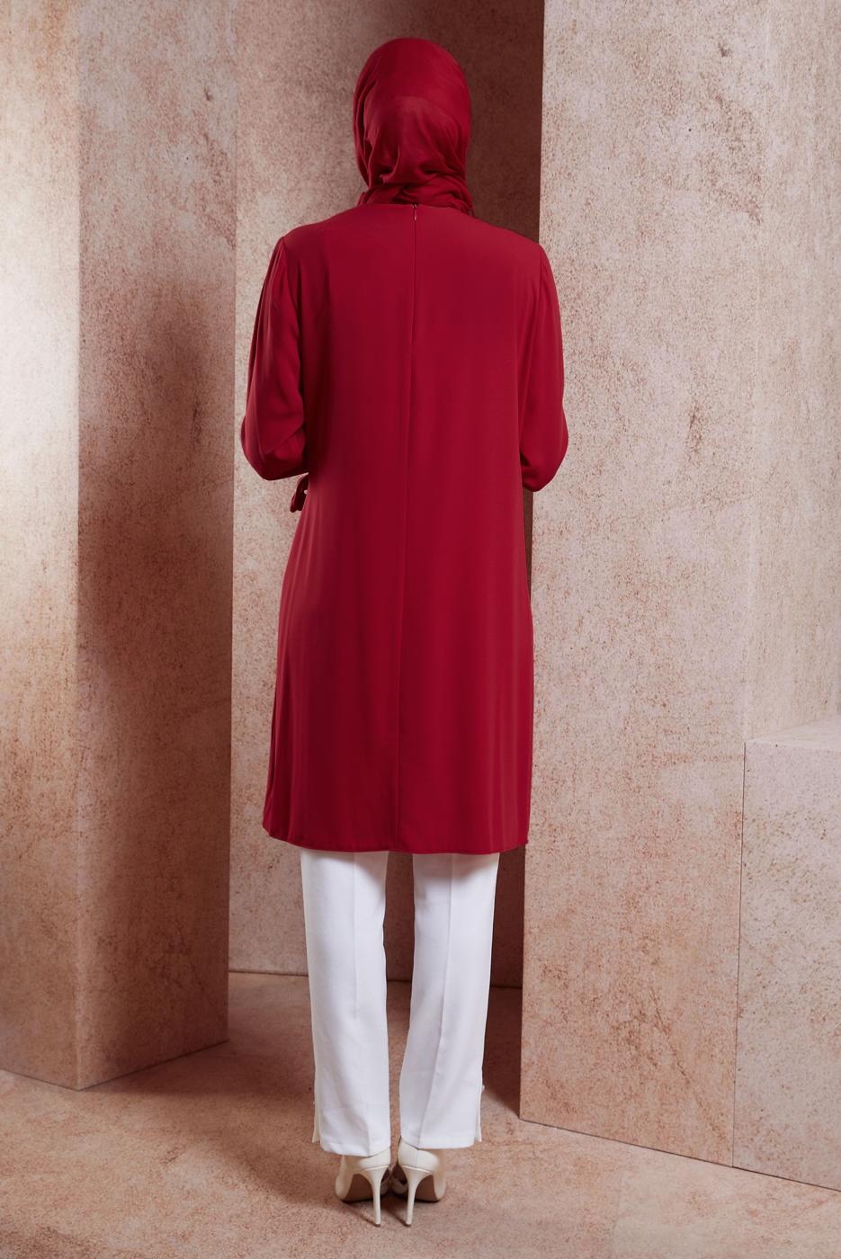 Tesettür giyim KIRMIZI ALVİNA BAĞLAMA DETAYLI TUNİK T 42880