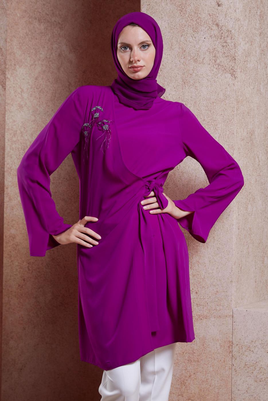 Tesettür giyim FUŞYA ALVİNA BAĞLAMA DETAYLI TUNİK T 42880