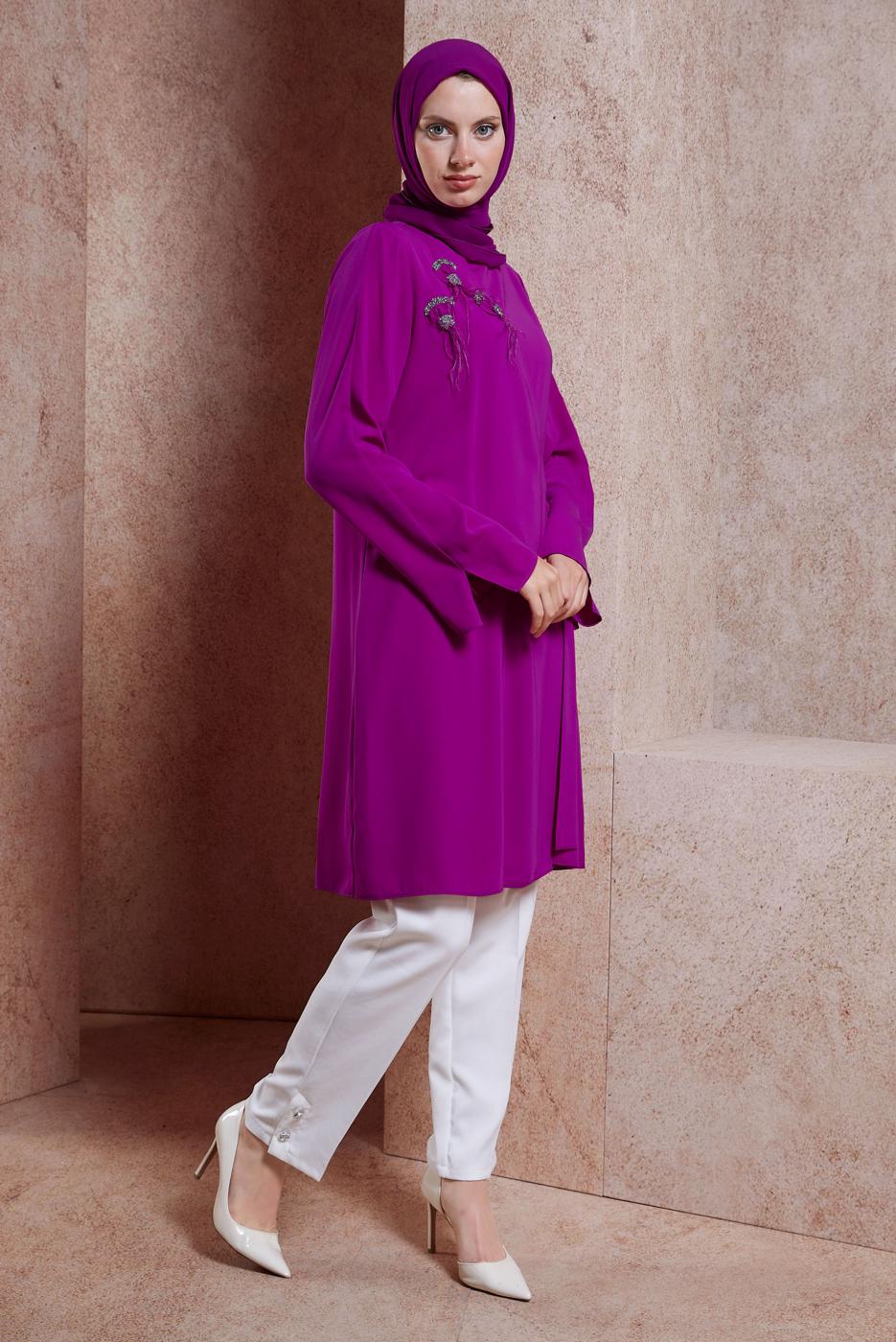 Tesettür giyim FUŞYA ALVİNA BAĞLAMA DETAYLI TUNİK T 42880
