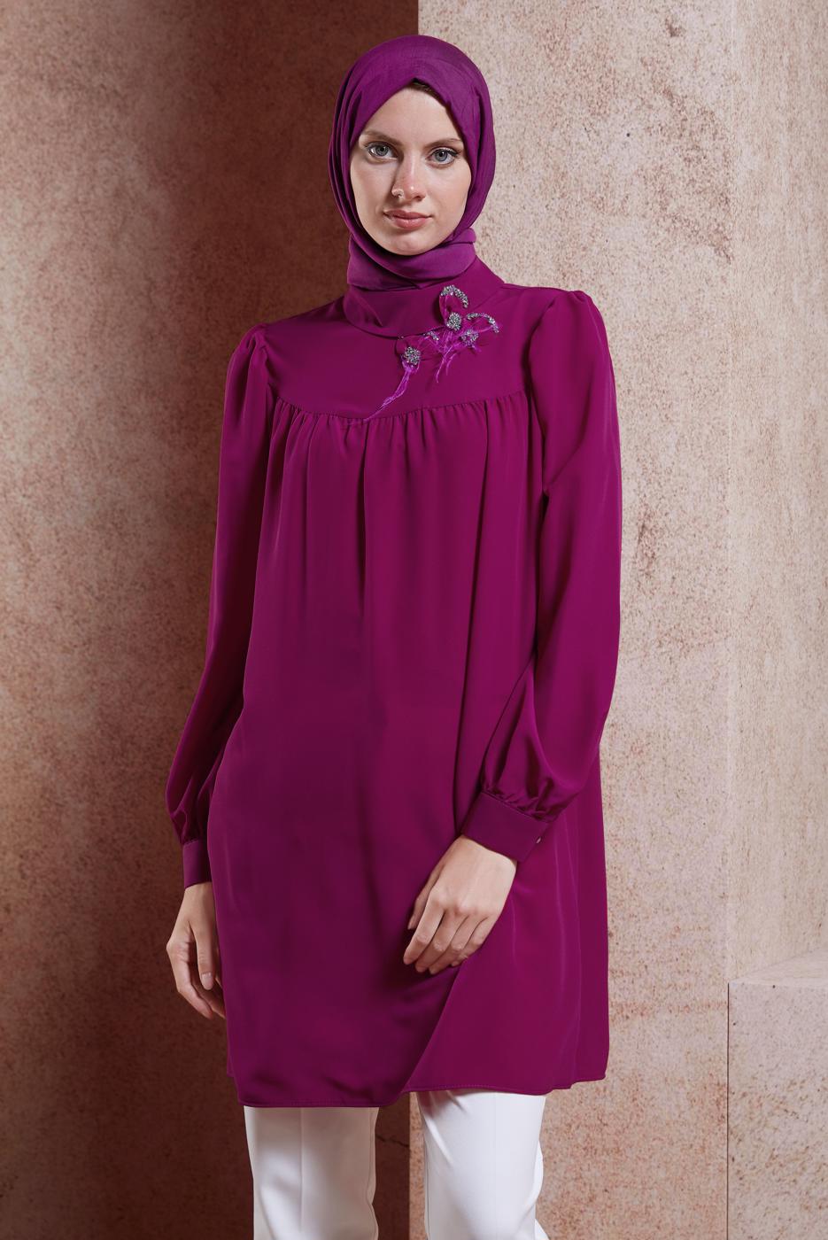 Tesettür giyim FUŞYA ALVİNA TAŞ DETAYLI TUNİK T 42902