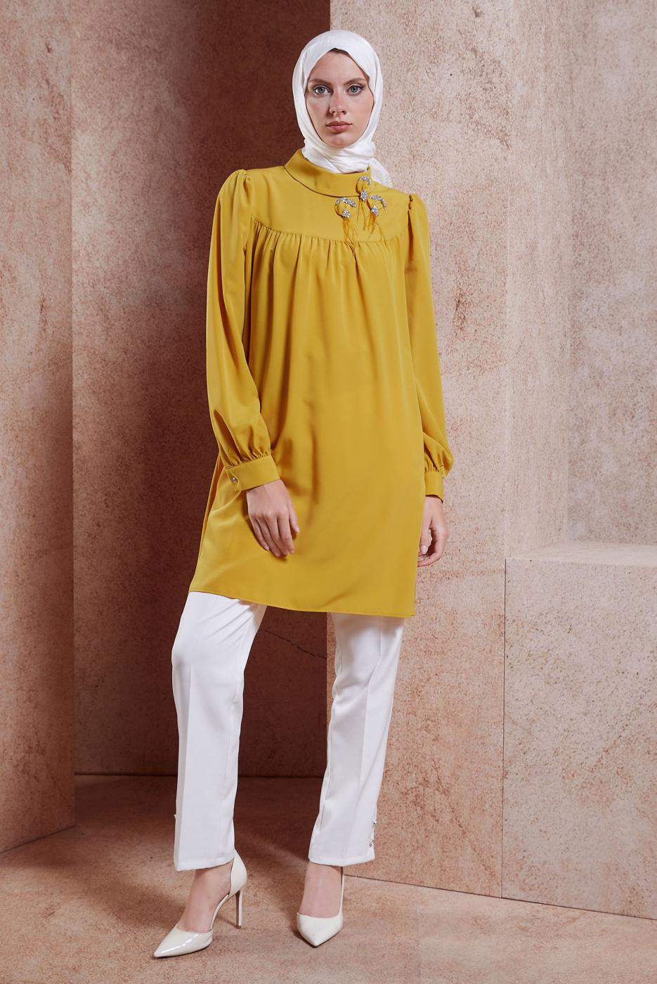 Tesettür giyim SARI ALVİNA TAŞ DETAYLI TUNİK T 42902