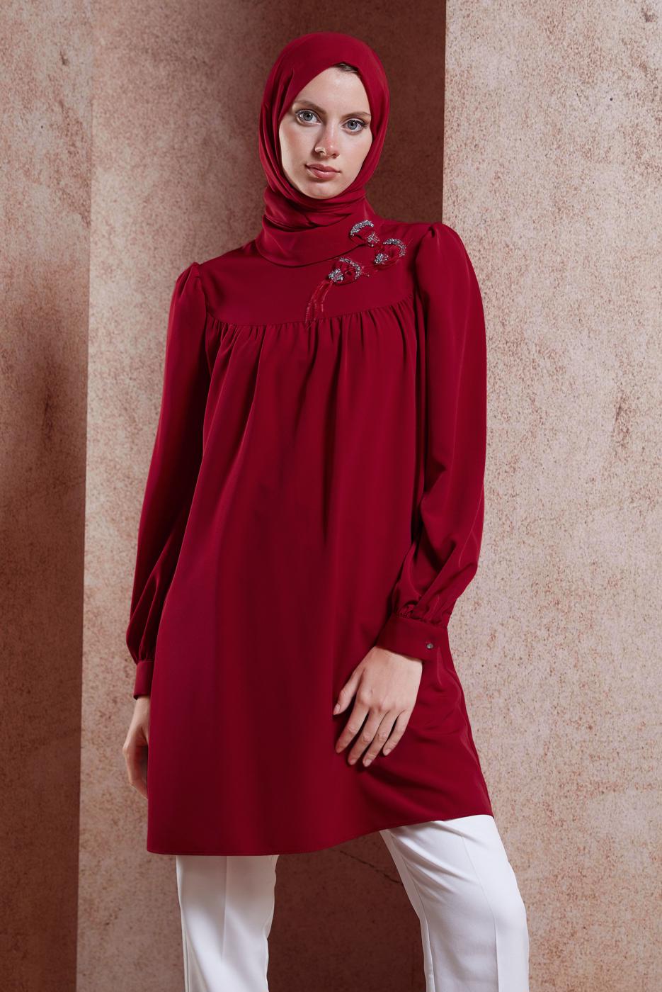 Tesettür giyim BORDO ALVİNA TAŞ DETAYLI TUNİK T 42902