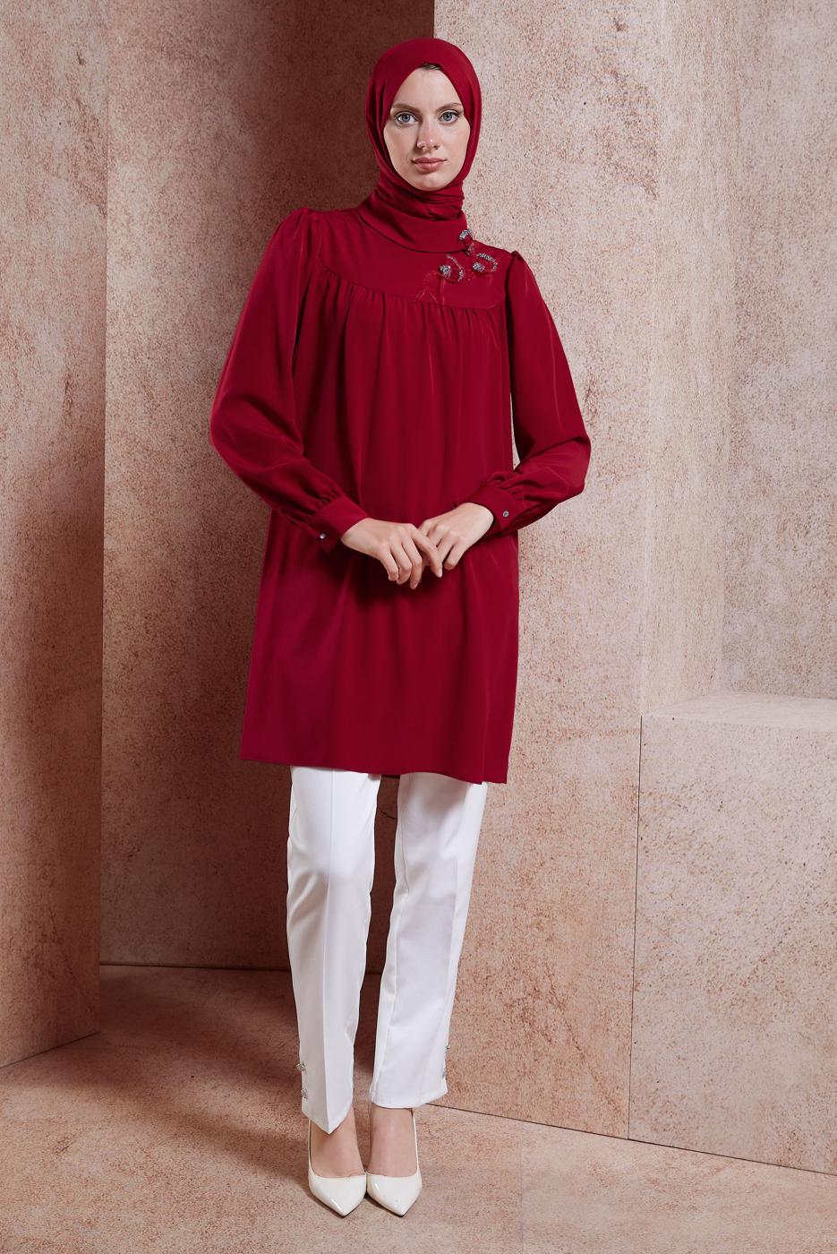 Tesettür giyim BORDO ALVİNA TAŞ DETAYLI TUNİK T 42902