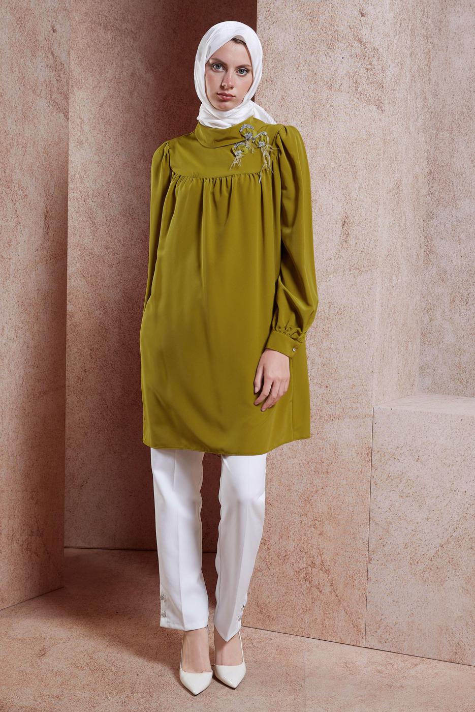 Tesettür giyim YEŞİL ALVİNA TAŞ DETAYLI TUNİK T 42902