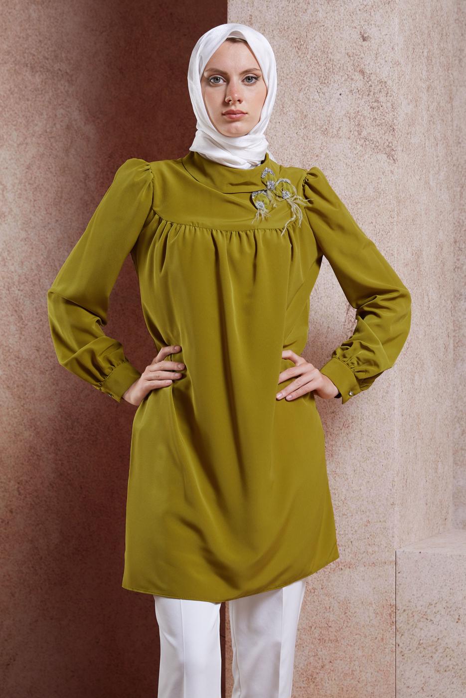 Tesettür giyim YEŞİL ALVİNA TAŞ DETAYLI TUNİK T 42902