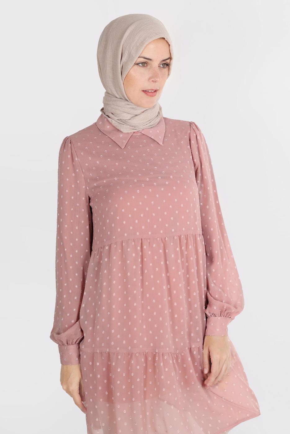 Tesettür giyim PUDRA ALVİNA PUANTİYELİ KATLI TUNİK T 42903