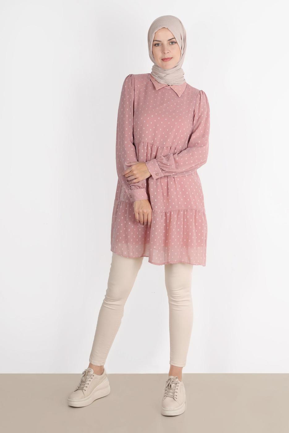 Tesettür giyim PUDRA ALVİNA PUANTİYELİ KATLI TUNİK T 42903