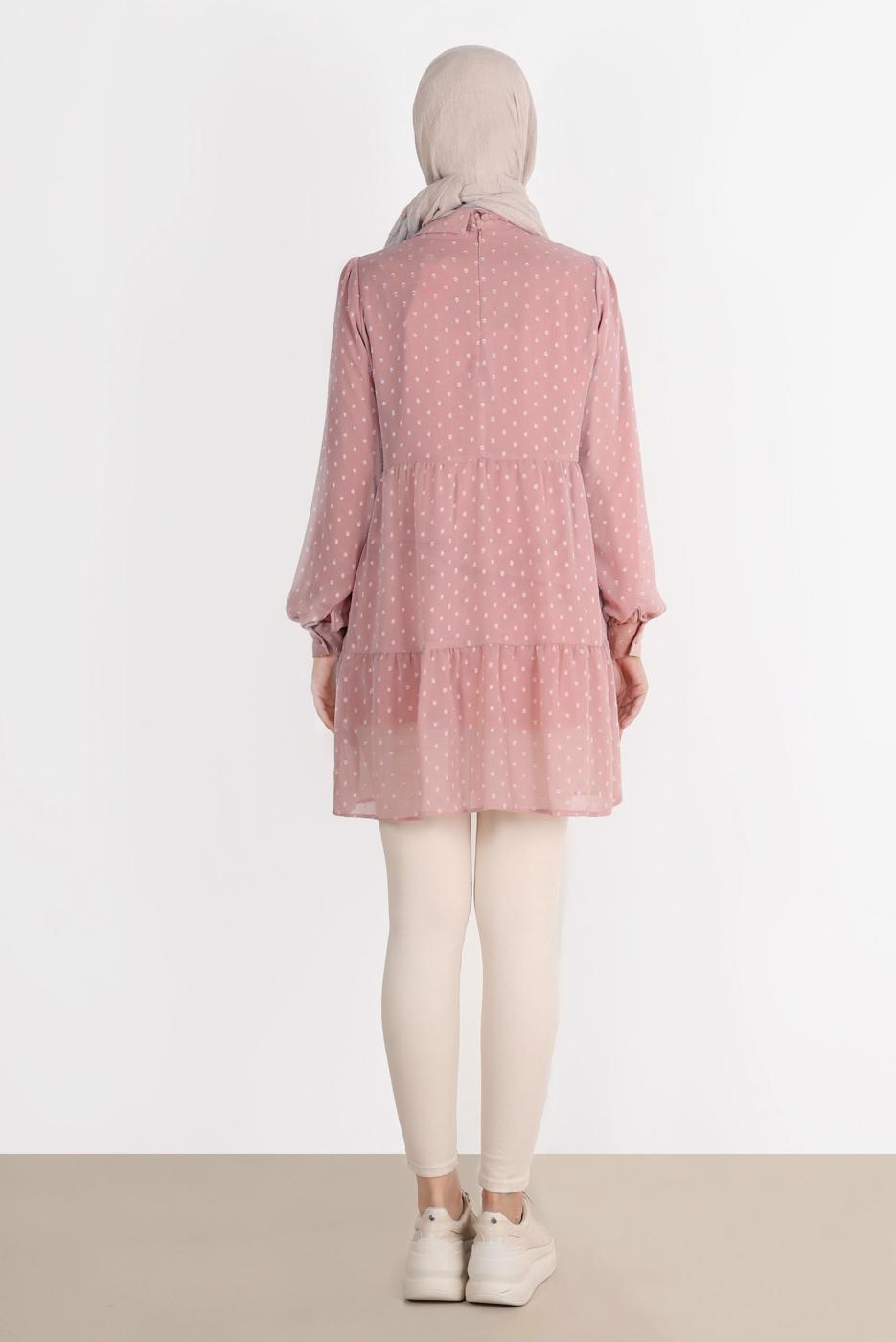 Tesettür giyim PUDRA ALVİNA PUANTİYELİ KATLI TUNİK T 42903