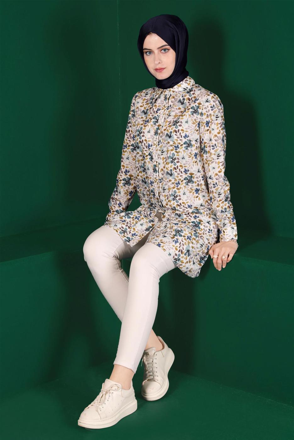 Tesettür giyim SARI ALVİNA DESENLİ DÜĞMELİ TUNİK T 42904