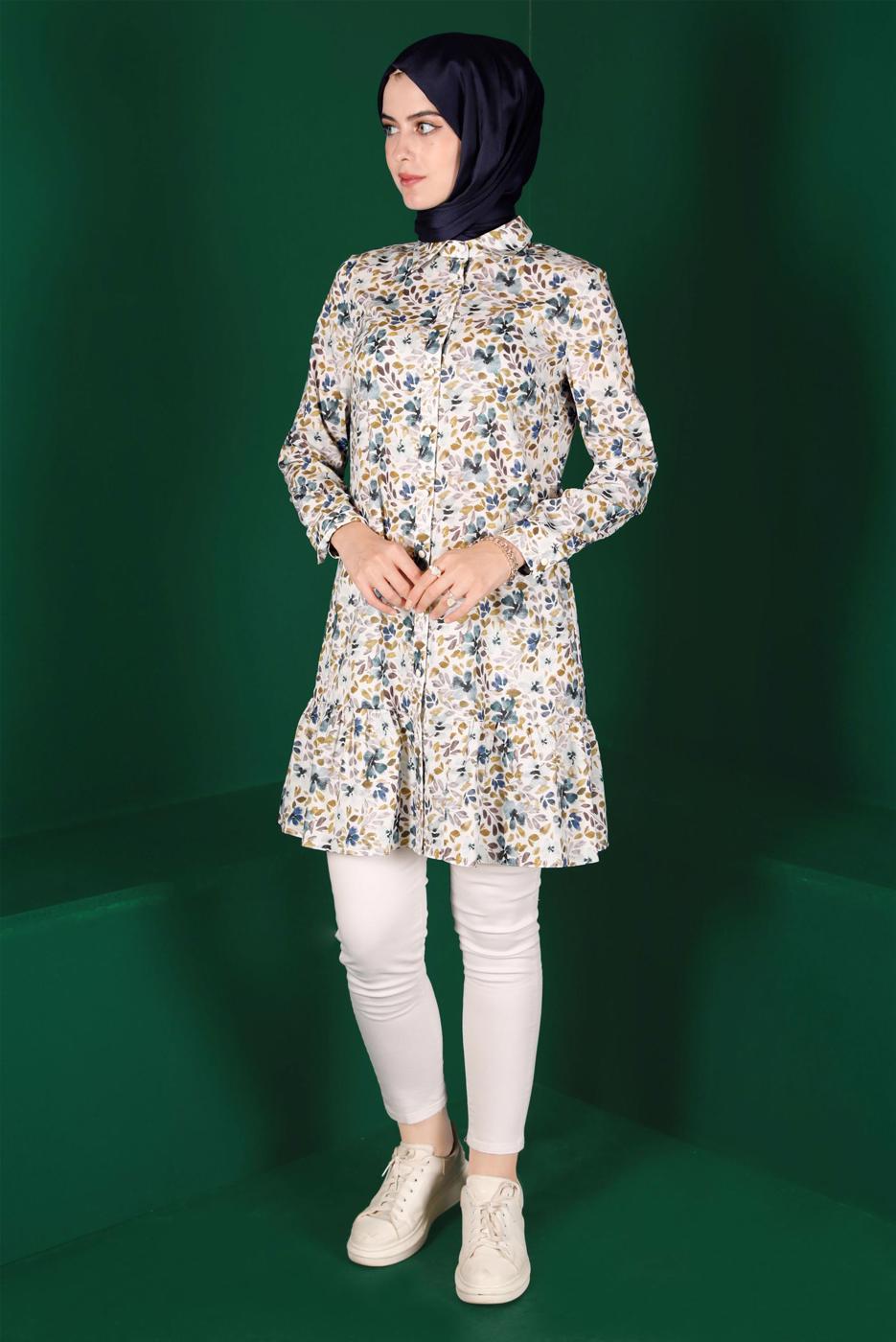 Tesettür giyim SARI ALVİNA DESENLİ DÜĞMELİ TUNİK T 42904