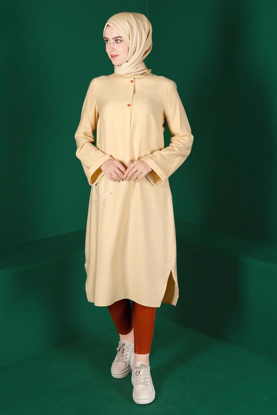 Tesettür giyim BEJ ALVİNA DÜĞMELİ TUNİK T 42914
